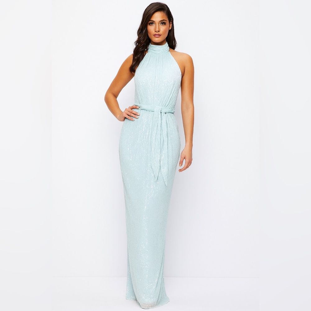 NWT Ieena Mac‎ Duggal 11281 Aqua Sequin Halter Maxi Dress Sz 2